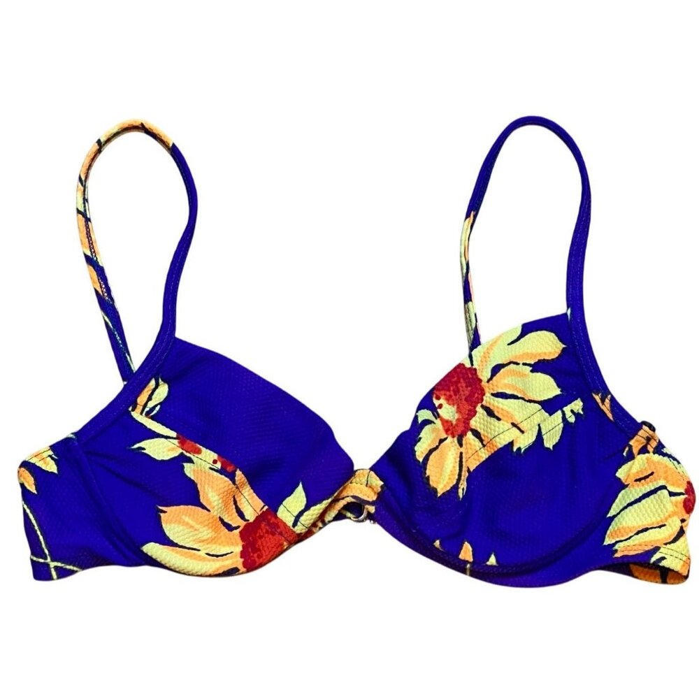 Vintage 90s La Blanca Floral Bikini Top Blue &‎ Yellow Size 8 Adjustable Straps